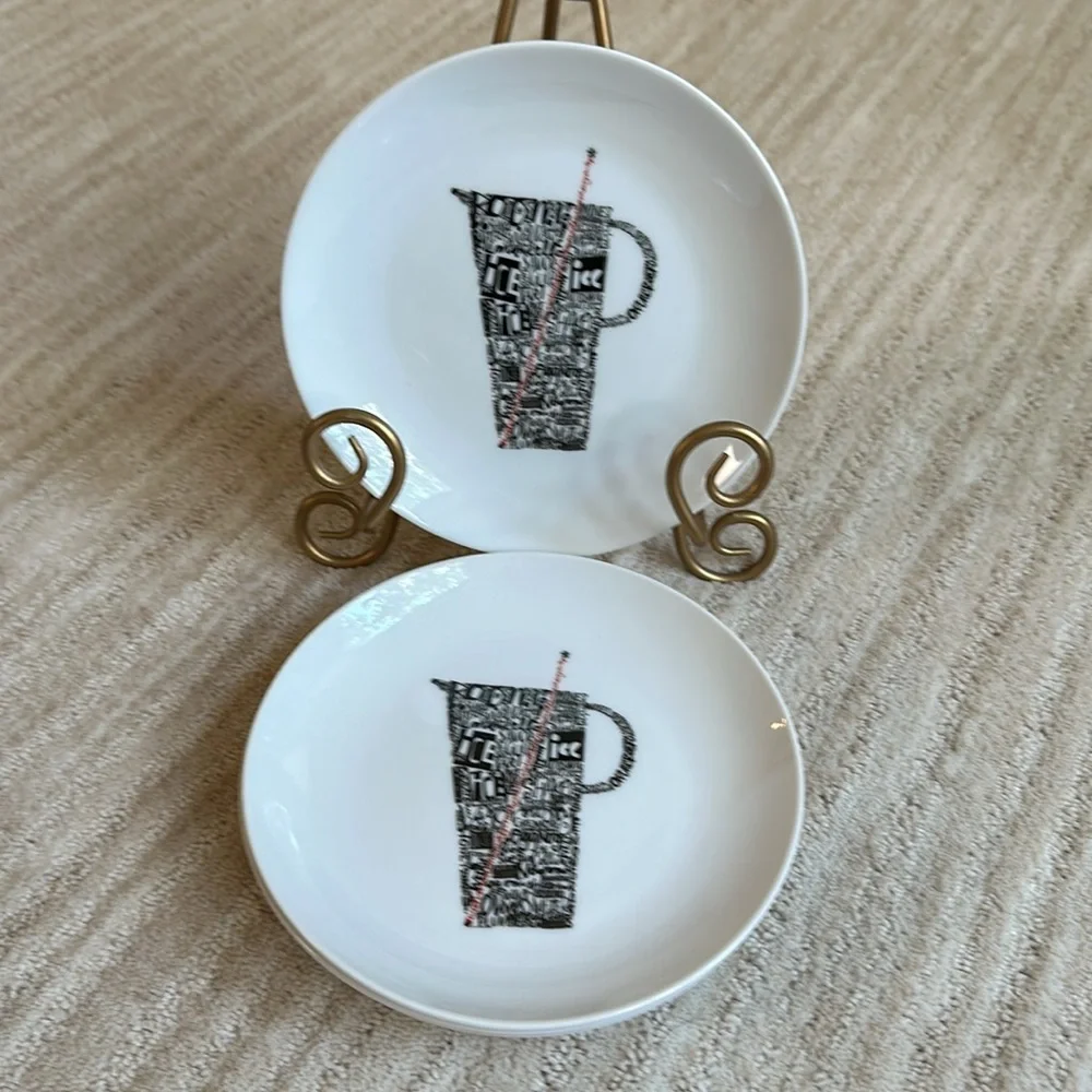 Set of 4 Crate Barrel Appetizer Plates Drinks Shake Sip Stir Chill